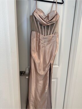 Satin Cowl Neck Evening Gown in Champagne